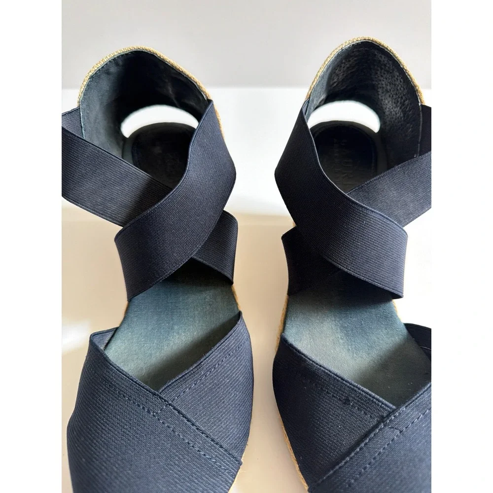 Lauren Ralph Lauren Navy Blue Elastic Strap Espadrille Wedge Sandals SZ 9.5
